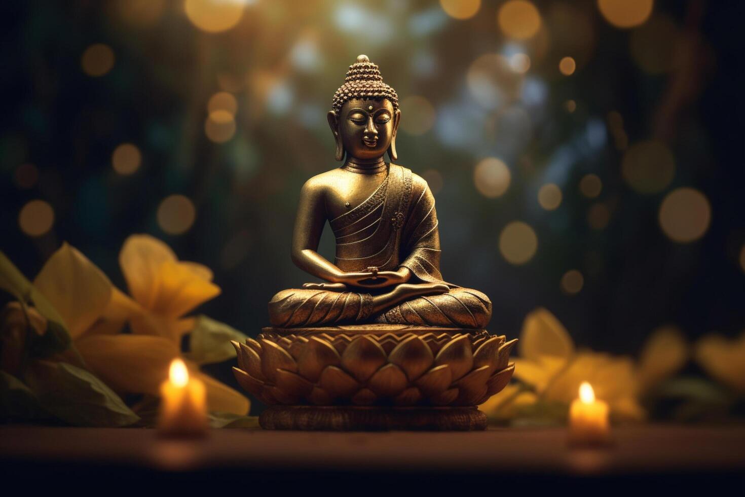 A buddha sits in a garden with a lotus and candles. Background for vesak festival celebration. Vesak day concept. Vesak celebration day greetings by photo