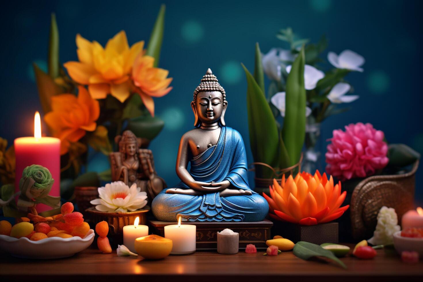 A buddha sits in a garden with a lotus and candles. Background for vesak festival celebration. Vesak day concept. Vesak celebration day greetings by photo