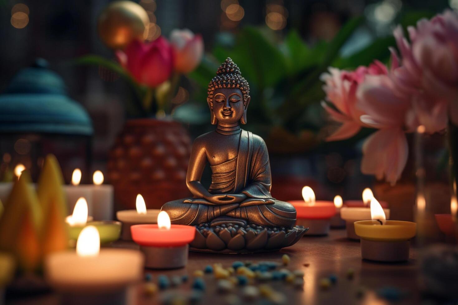A buddha sits in a garden with a lotus and candles. Background for vesak festival celebration. Vesak day concept. Vesak celebration day greetings by photo