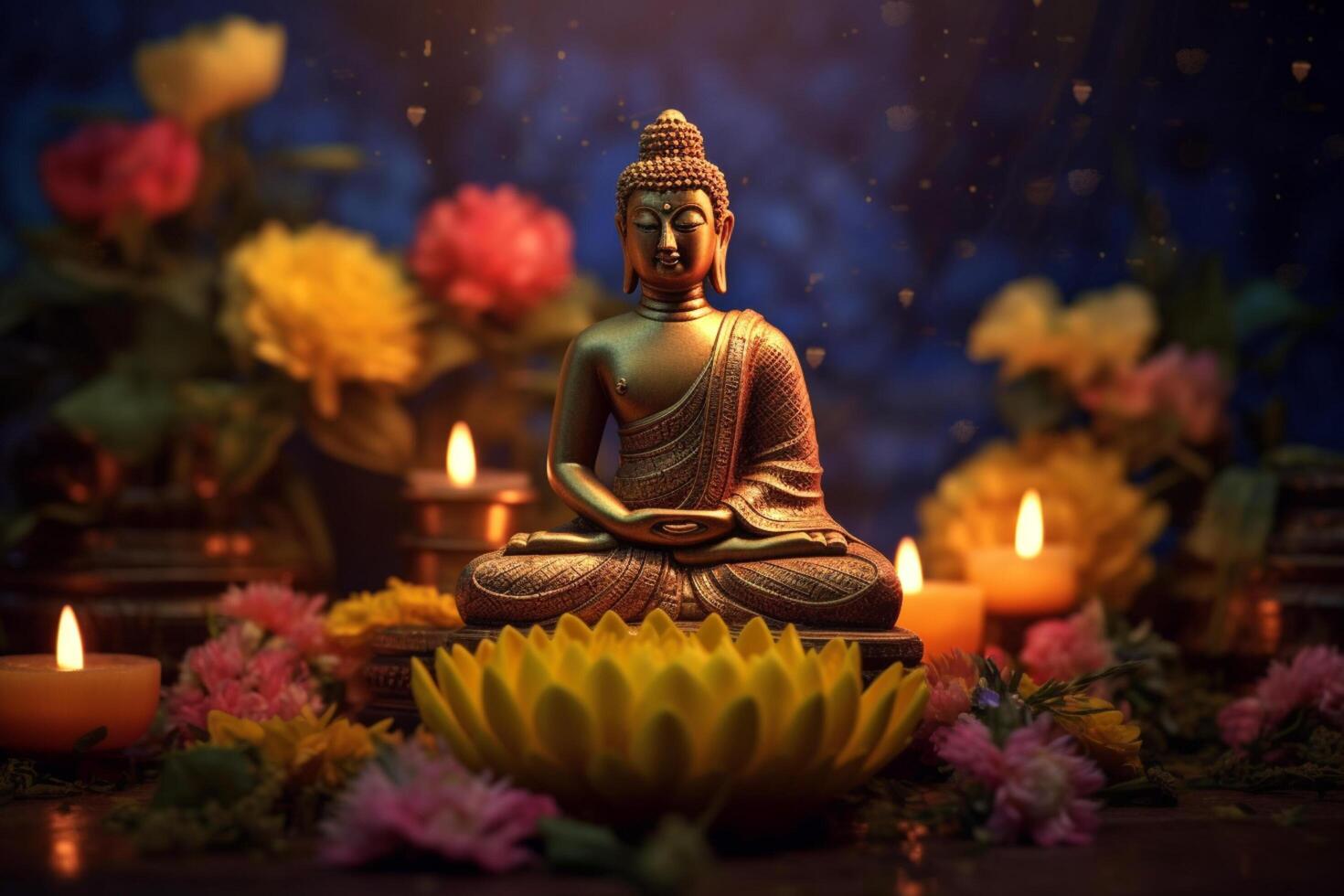 A buddha sits in a garden with a lotus and candles. Background for vesak festival celebration. Vesak day concept. Vesak celebration day greetings by photo