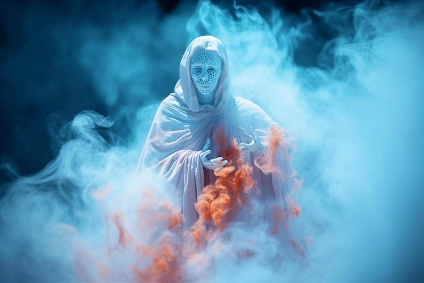 Human in spooky ghosts costume flying inside the old house or forest at night. Spooky halloween background with ghost. Ghost on halloween celebration concept by photo