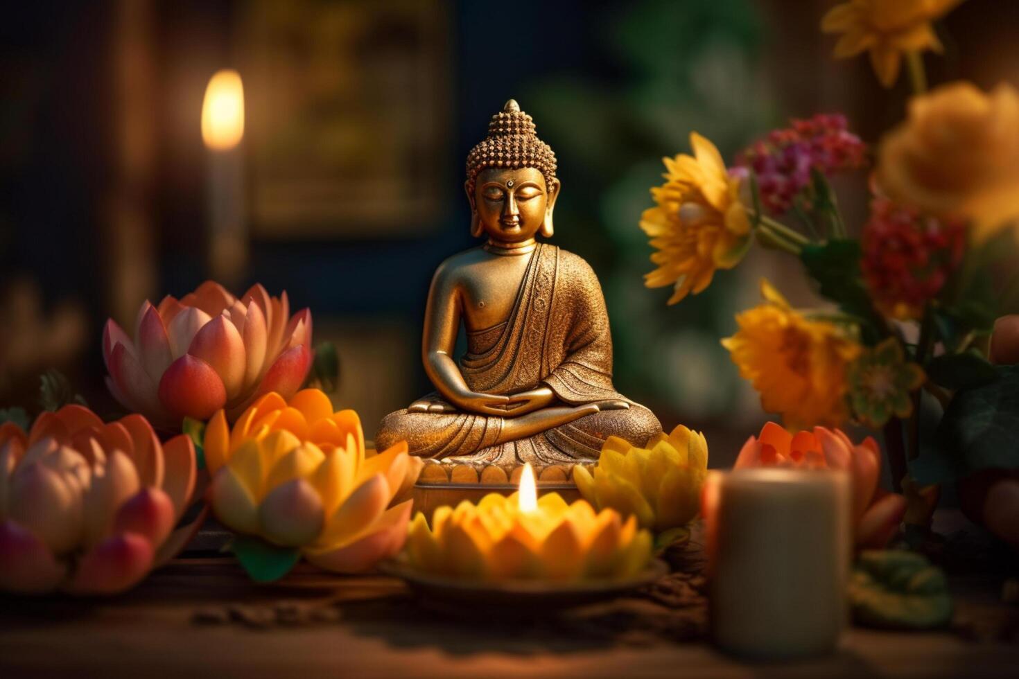 A buddha sits in a garden with a lotus and candles. Background for vesak festival celebration. Vesak day concept. Vesak celebration day greetings by photo