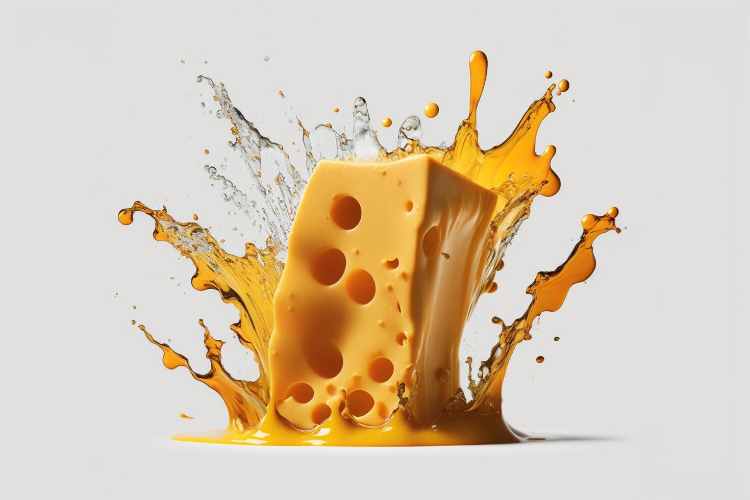 A delicious melting cheese splash in a realistic style. Hot cheese or cheddar splash. Tasty cheese liquid splash. Cheese sauce crown splash. For italian food, world cheese day, dessert by photo