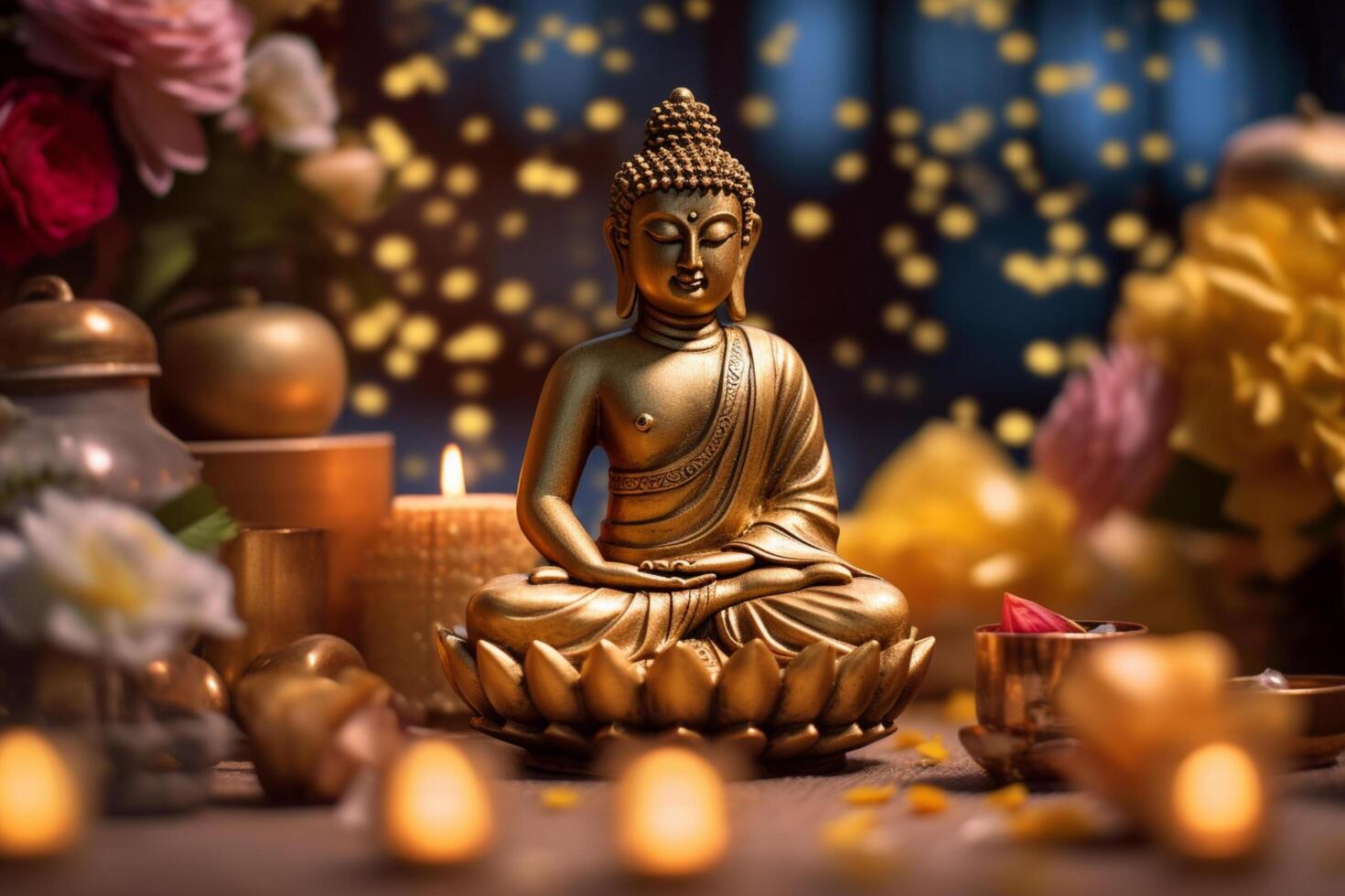 A buddha sits in a garden with a lotus and candles. Background for vesak festival celebration. Vesak day concept. Vesak celebration day greetings by photo