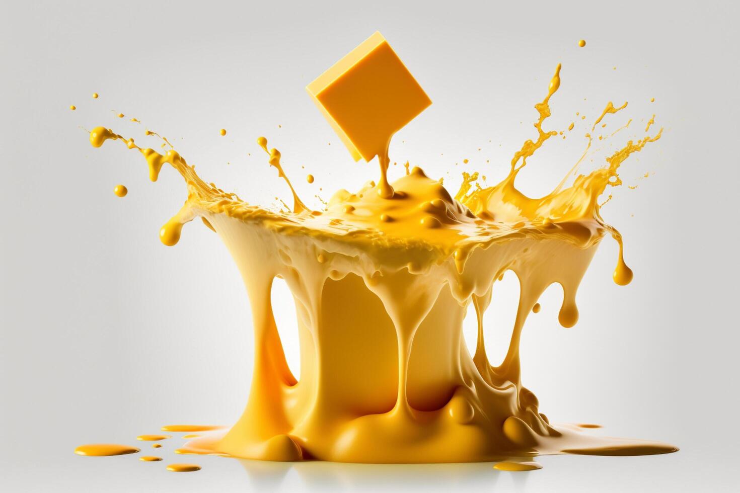 A delicious melting cheese splash in a realistic style. Hot cheese or cheddar splash. Tasty cheese liquid splash. Cheese sauce crown splash. For italian food, world cheese day, dessert by photo