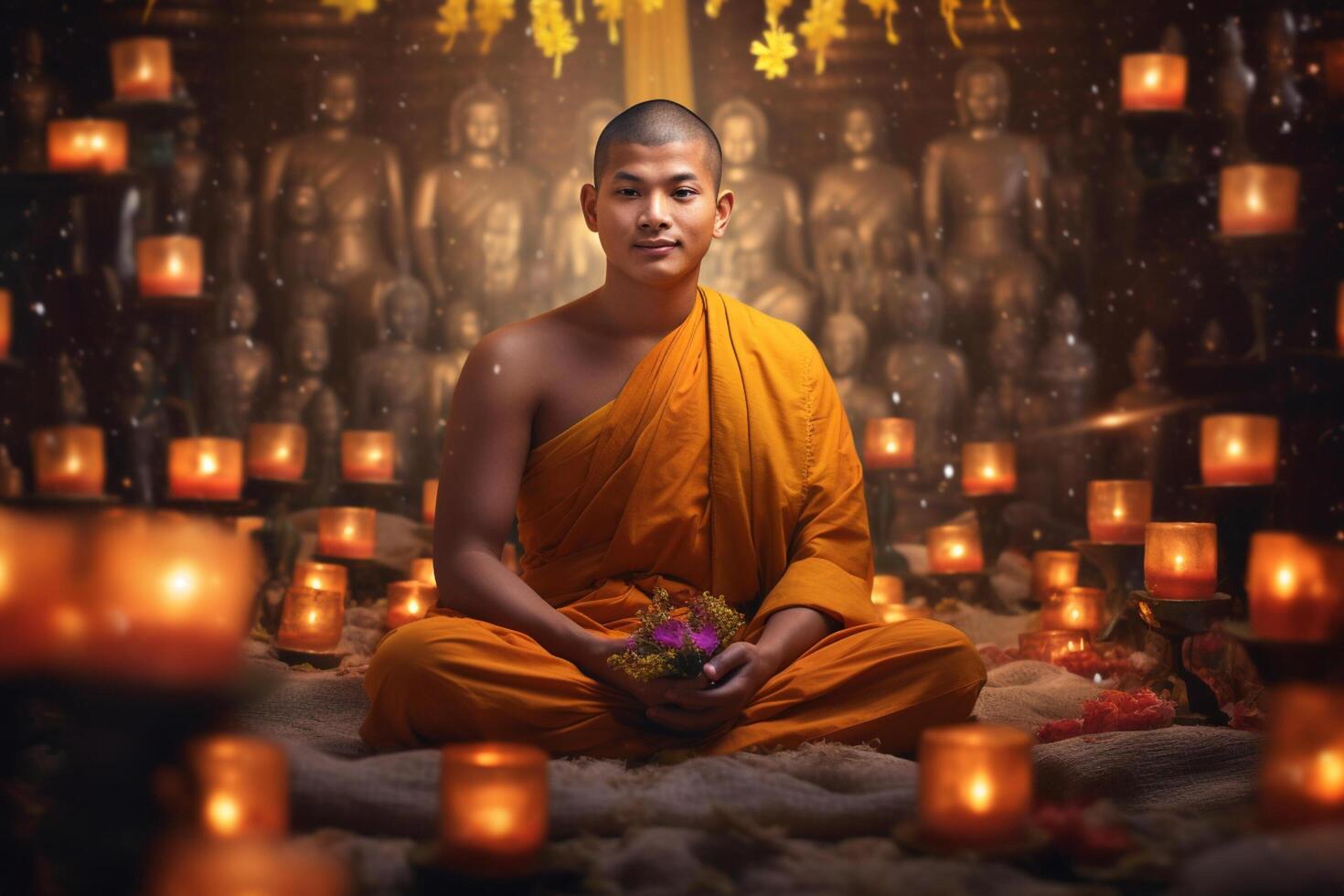 A buddha sits in a garden with a lotus and candles. Background for vesak festival celebration. Vesak day concept. Vesak celebration day greetings by photo