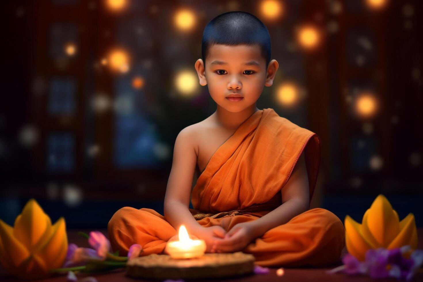 A young buddha sits in a garden with a lotus and candles. Background for vesak festival celebration. Vesak day concept. Vesak celebration day greetings by photo
