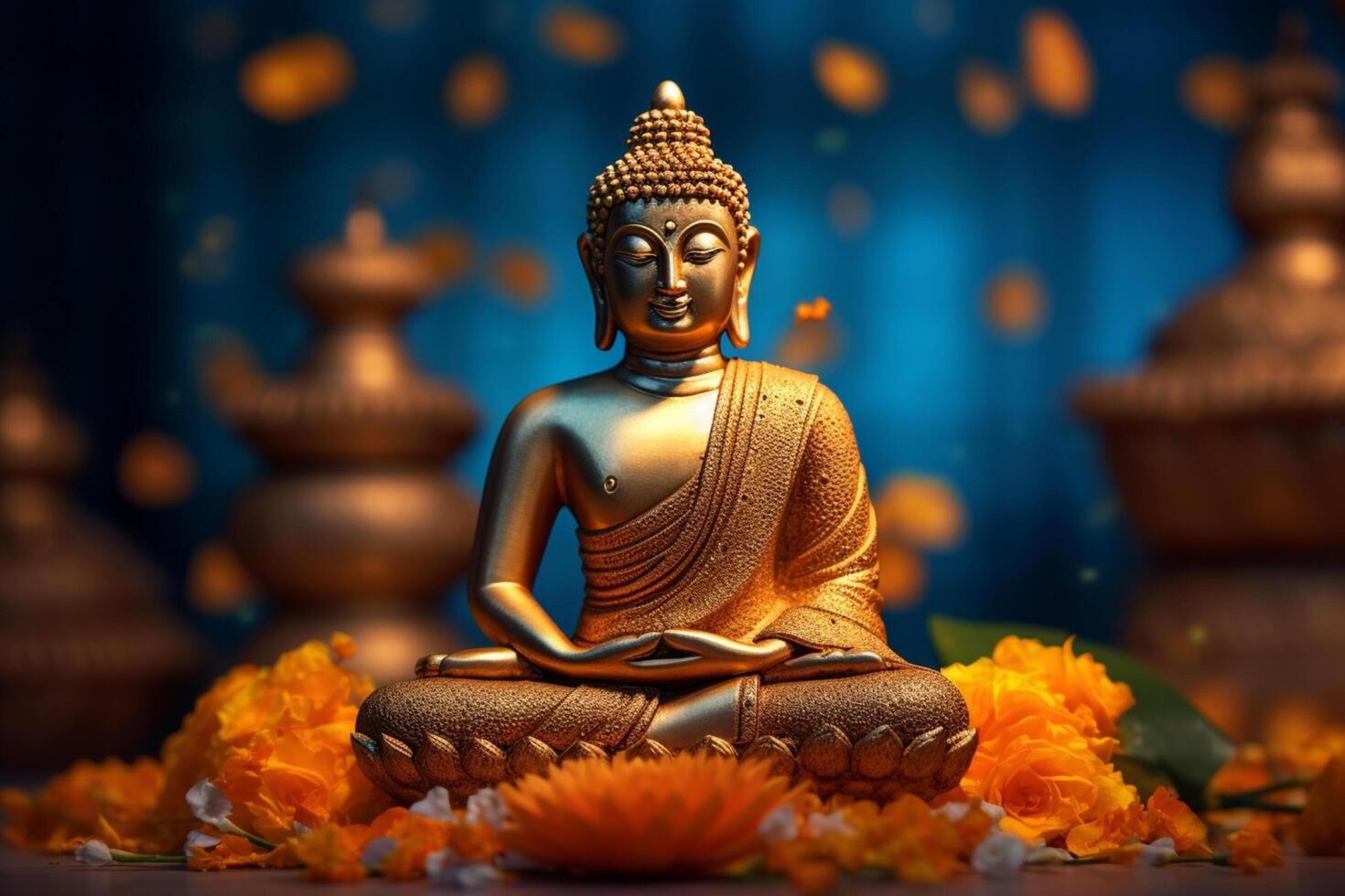 A buddha sits in a garden with a lotus and candles. Background for vesak festival celebration. Vesak day concept. Vesak celebration day greetings by photo