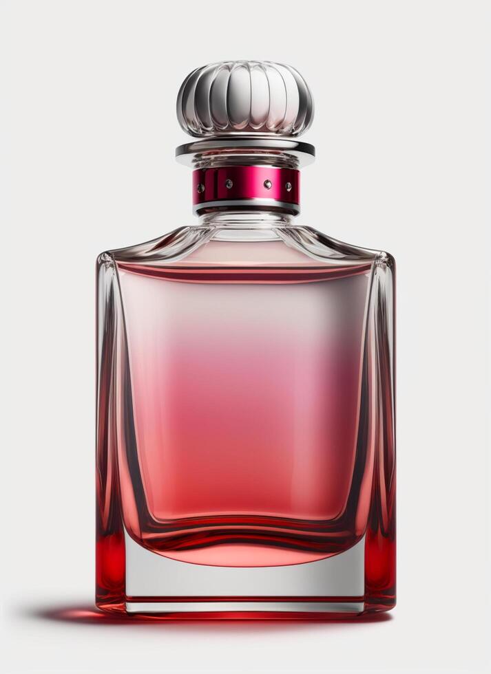 A high class bottle of glass perfume with light red liquid. Aromatic perfume bottles on white background. Beauty product, cosmetic, perfume day, fragrance day or perfume launch event by photo