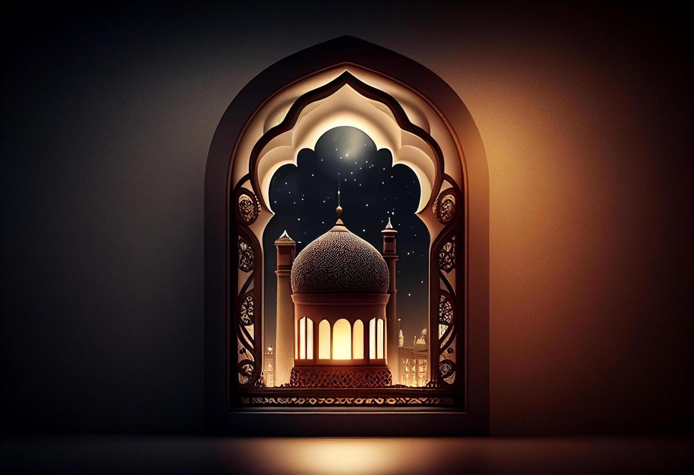 A windows depicts an islamic mosque at night with moon and lentern. In style of islamic city. Arched doorways. Eid al fitr background of window. Ramadan islamic lantern on a table by photo