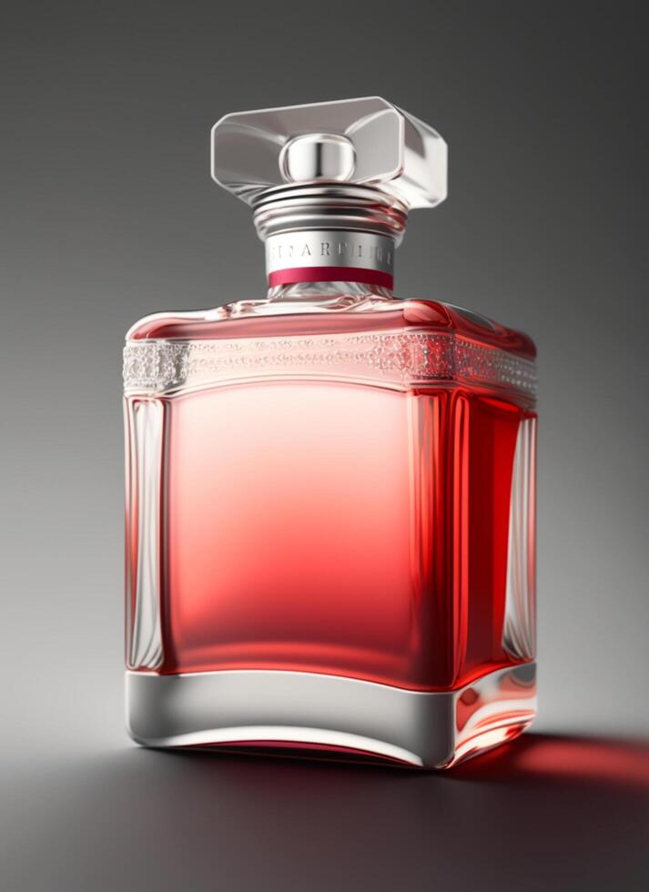 A high class bottle of glass perfume with light red liquid. Aromatic perfume bottles on white background. Beauty product, cosmetic, perfume day, fragrance day or perfume launch event by photo