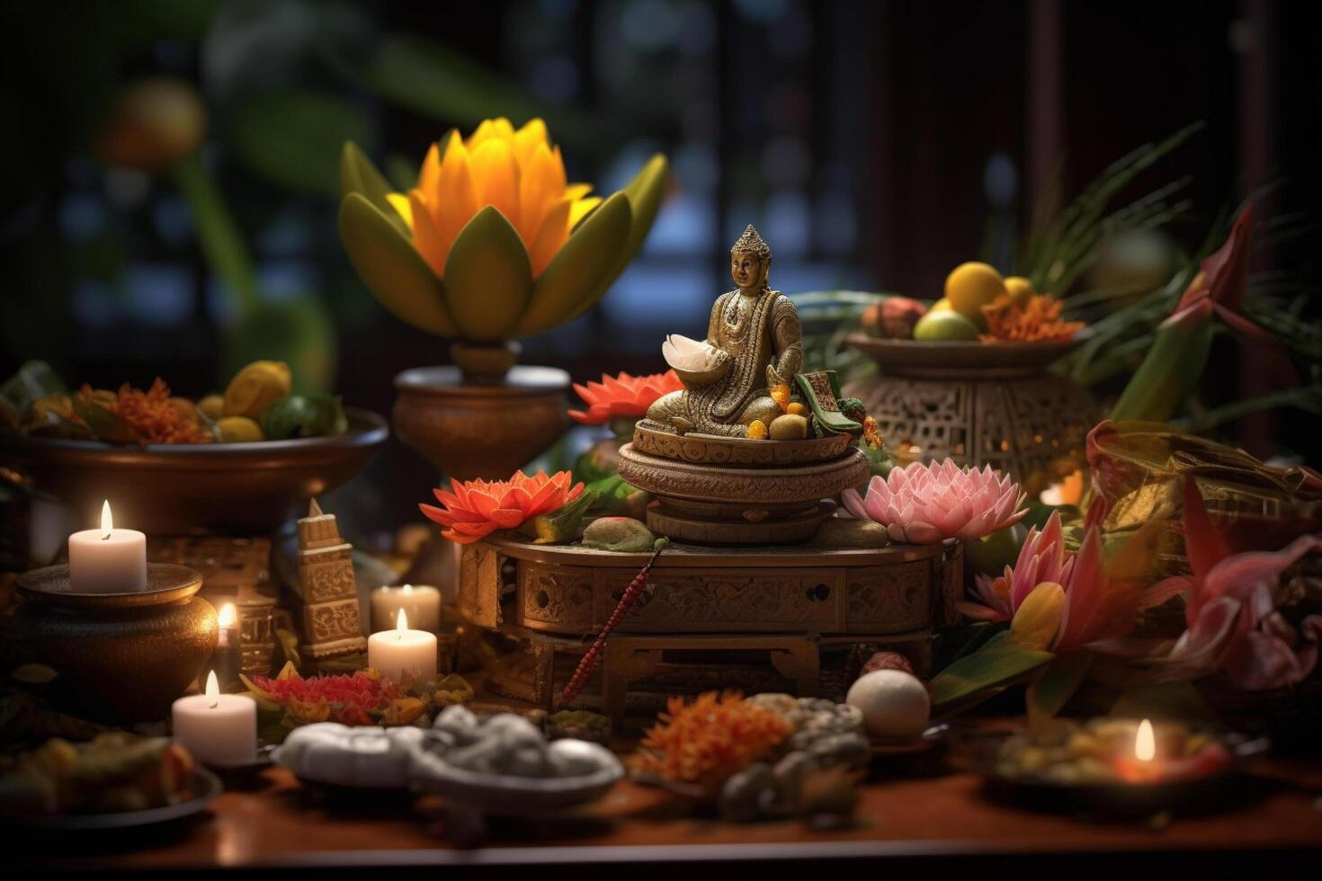 A buddha sits in a garden with a lotus and candles. Background for vesak festival celebration. Vesak day concept. Vesak celebration day greetings by photo