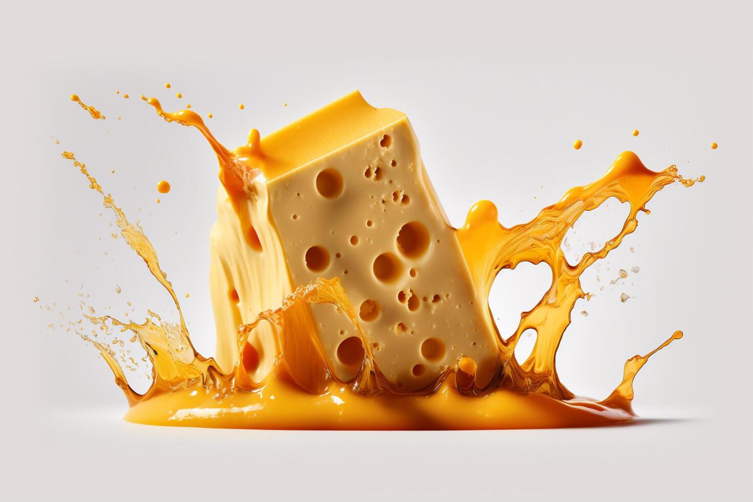 A delicious melting cheese splash in a realistic style. Hot cheese or cheddar splash. Tasty cheese liquid splash. Cheese sauce crown splash. For italian food, world cheese day, dessert by photo