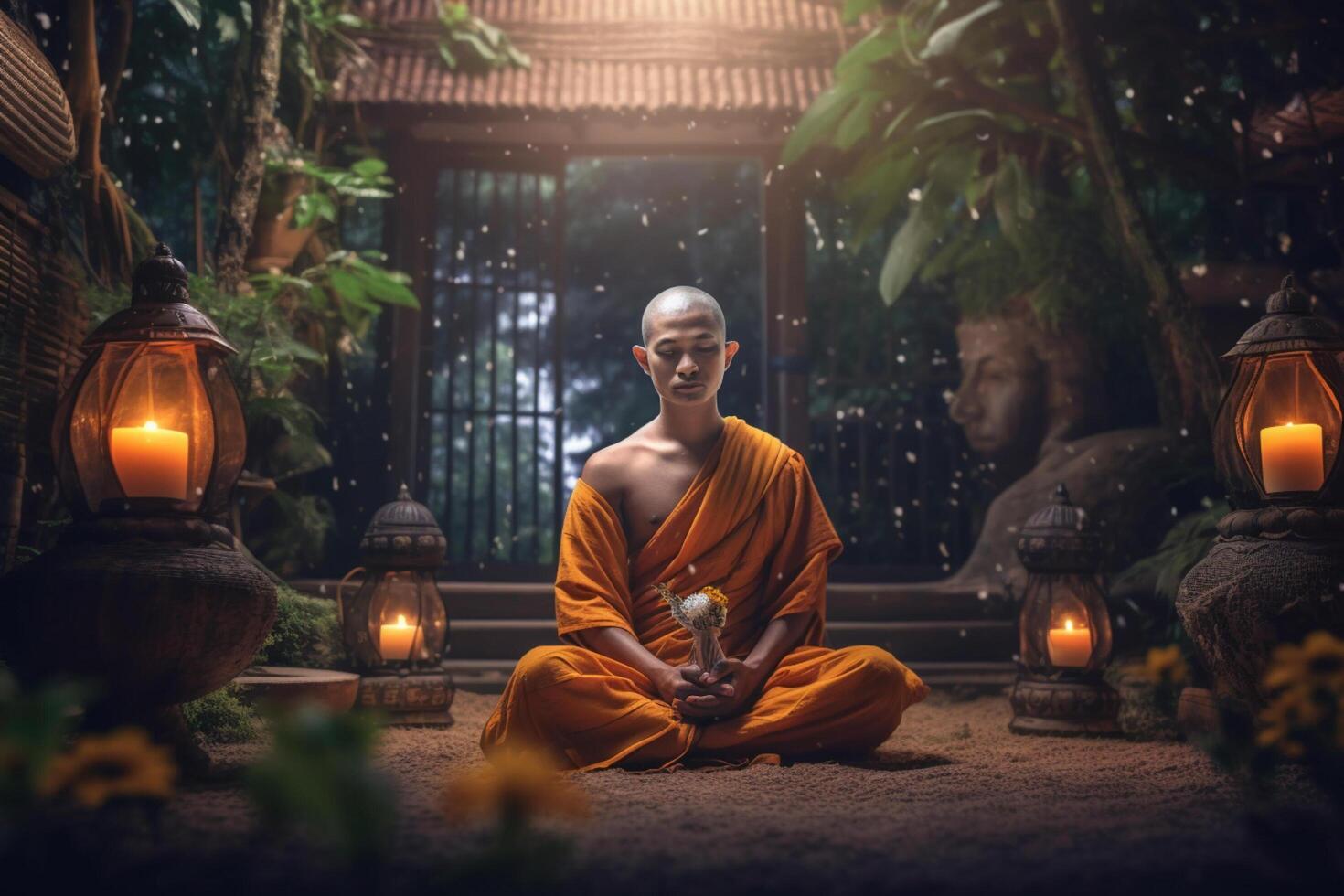 A buddha sits in a garden with a lotus and candles. Background for vesak festival celebration. Vesak day concept. Vesak celebration day greetings by photo