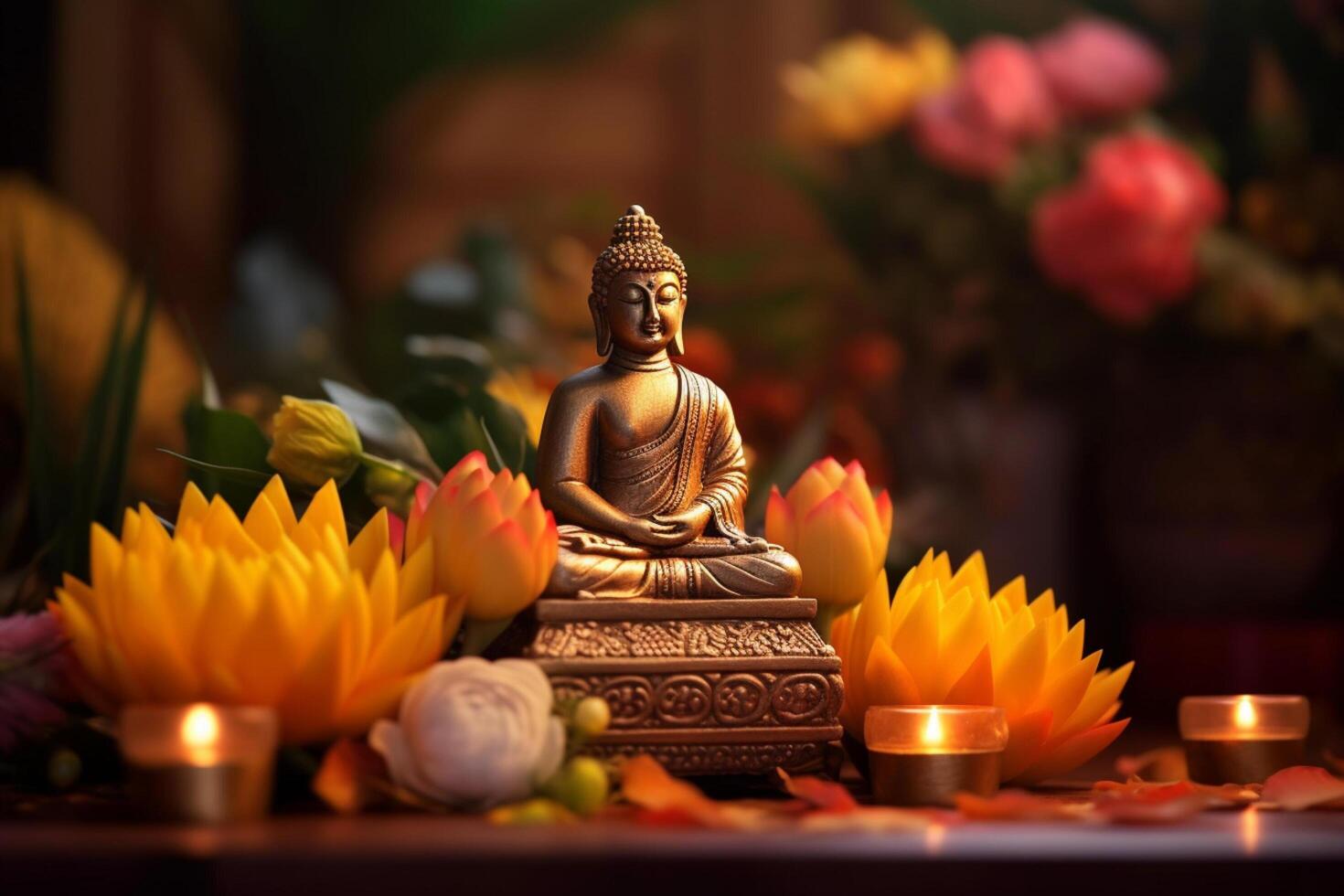 A buddha sits in a garden with a lotus and candles. Background for vesak festival celebration. Vesak day concept. Vesak celebration day greetings by photo