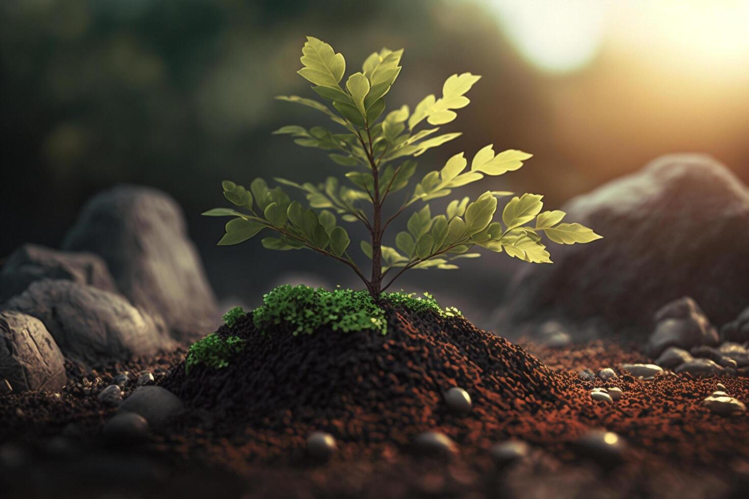 Plant growing in farm ground or forest with sunlight at daytime. Young plant is growing. World earth day. World environment day. Earth conservation, ecology or global warming by photo