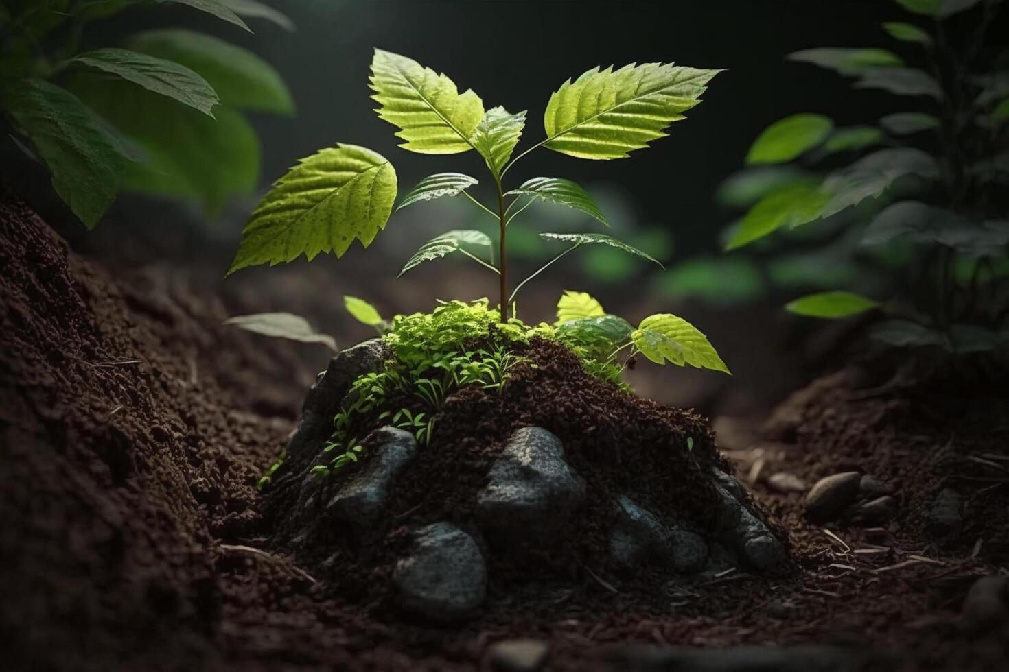 planta creciente en granja suelo o bosque con luz de sol a tiempo de día. joven planta es creciente. mundo tierra día. mundo ambiente día. tierra conservación, ecología o global calentamiento por ai generado foto