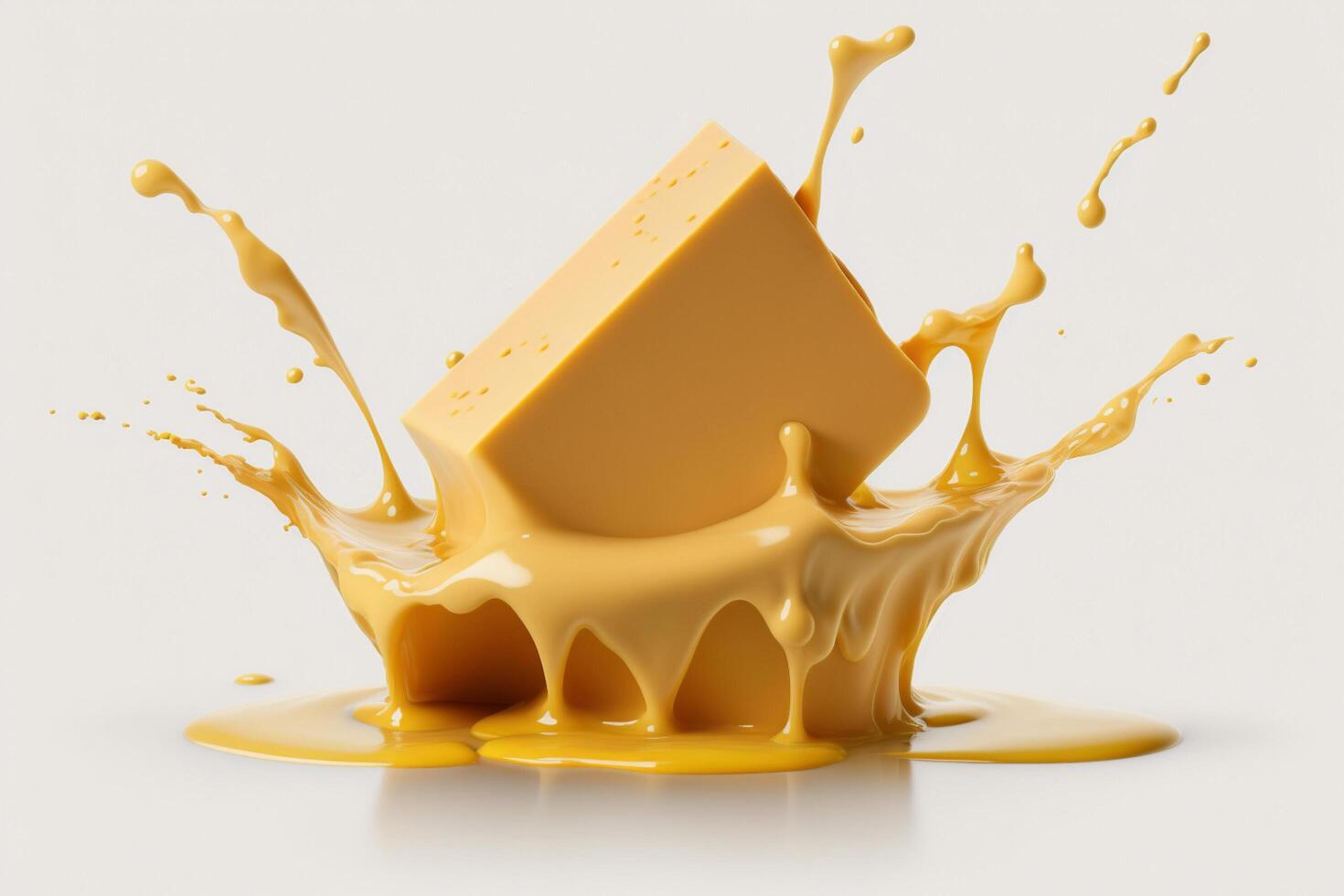 A delicious melting cheese splash in a realistic style. Hot cheese or cheddar splash. Tasty cheese liquid splash. Cheese sauce crown splash. For italian food, world cheese day, dessert by photo