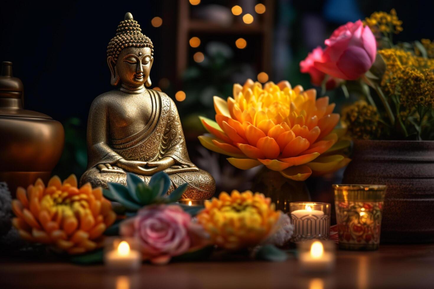 A buddha sits in a garden with a lotus and candles. Background for vesak festival celebration. Vesak day concept. Vesak celebration day greetings by photo