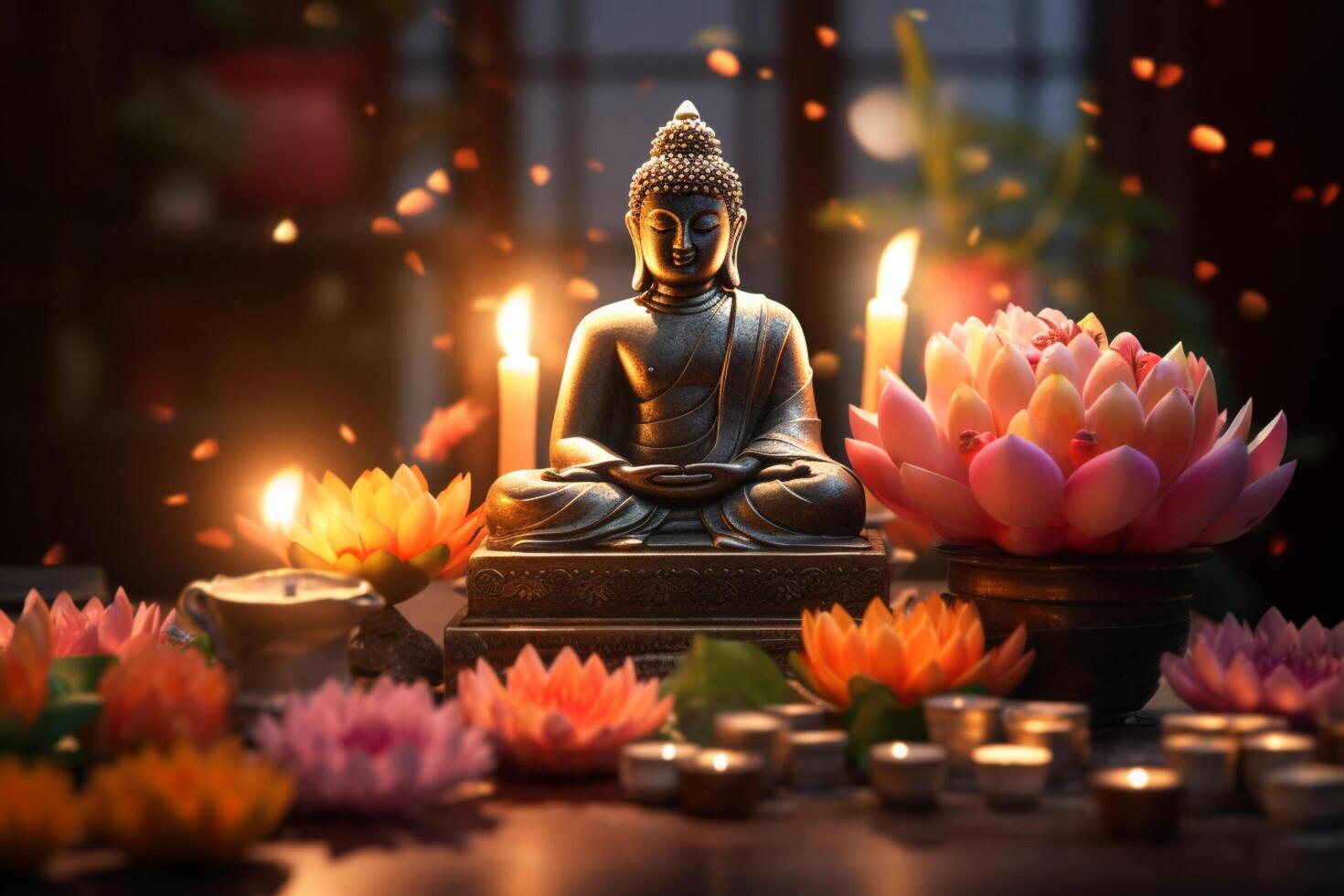 A buddha sits in a garden with a lotus and candles. Background for vesak festival celebration. Vesak day concept. Vesak celebration day greetings by photo
