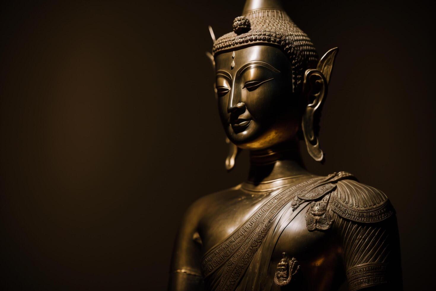 A thai buddha statue sits and meditating at buddhist temple. Ancient thailand buddha face. Background for vesak festival celebration. Vesak day concept. Vesak celebration day greetings by photo