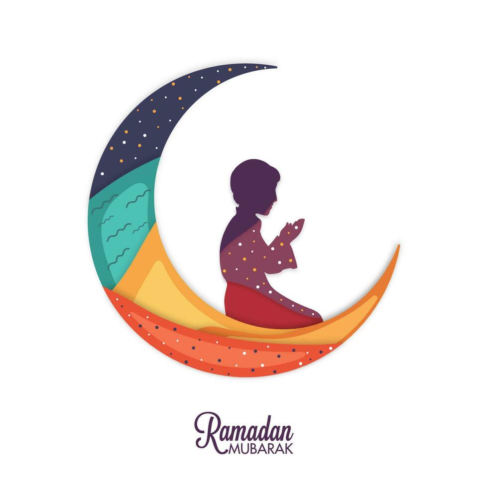 Paper Style Crescent Moon With Boy Offering Namaz Islamic Prayer. vector