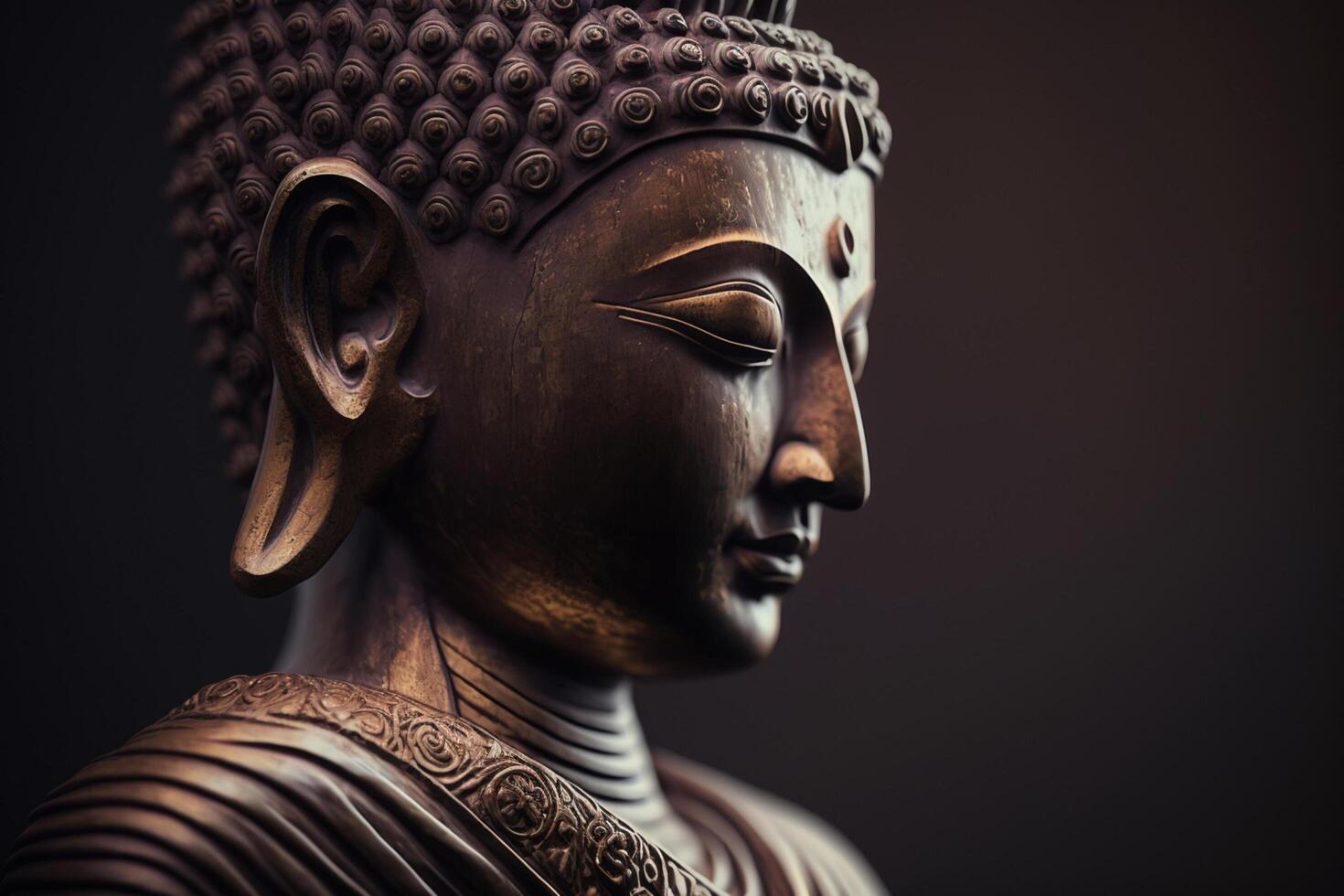 A thai buddha statue sits and meditating at buddhist temple. Ancient thailand buddha face. Background for vesak festival celebration. Vesak day concept. Vesak celebration day greetings by photo