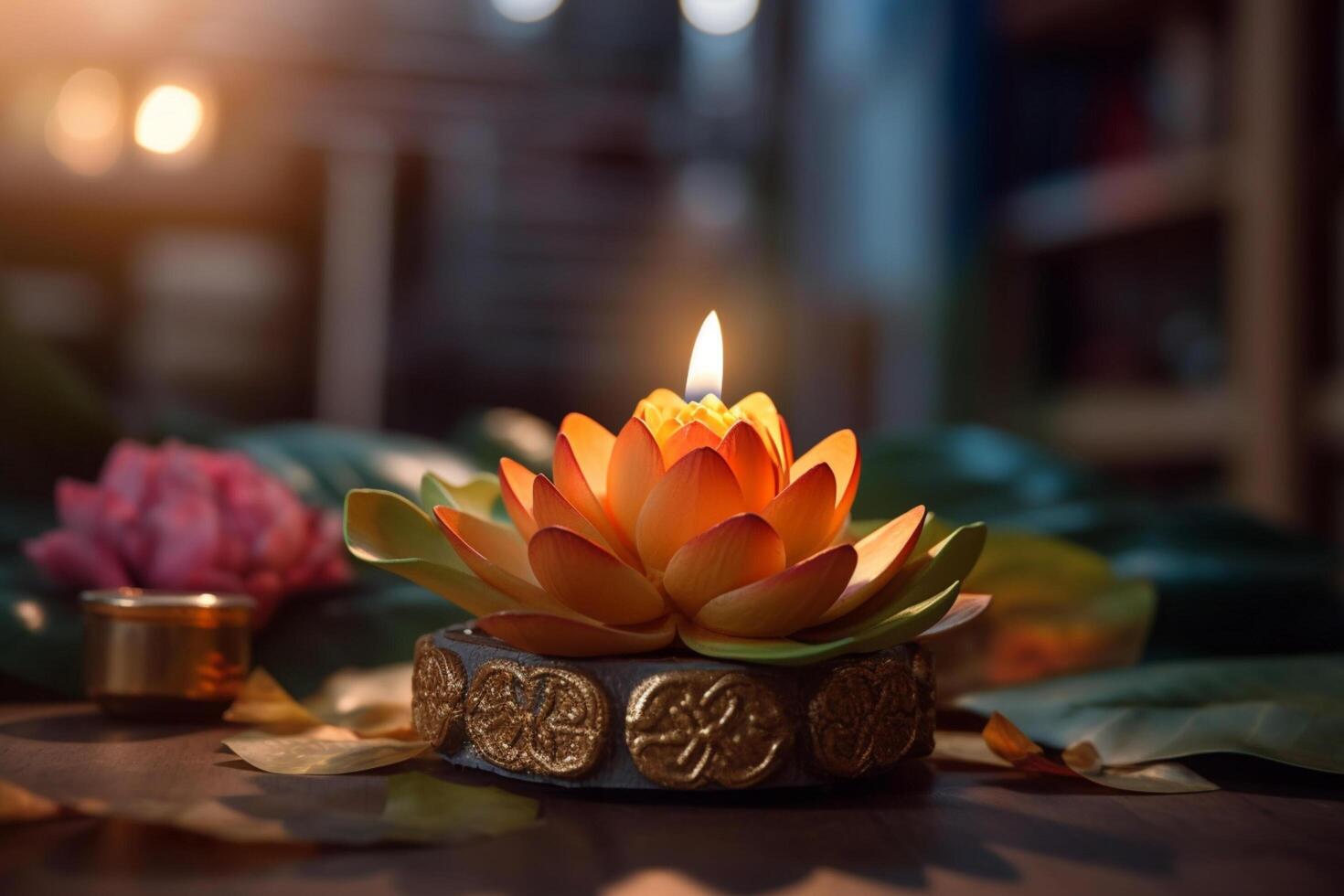 A buddha sits in a garden with a lotus and candles. Background for vesak festival celebration. Vesak day concept. Vesak celebration day greetings by photo