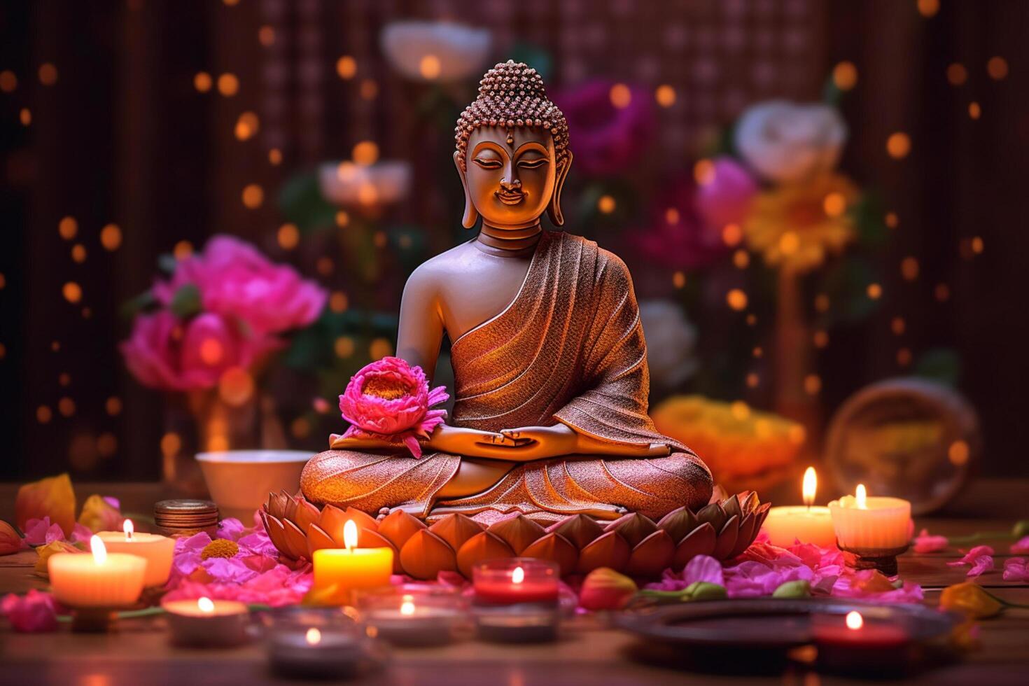 A buddha sits in a garden with a lotus and candles. Background for vesak festival celebration. Vesak day concept. Vesak celebration day greetings by photo