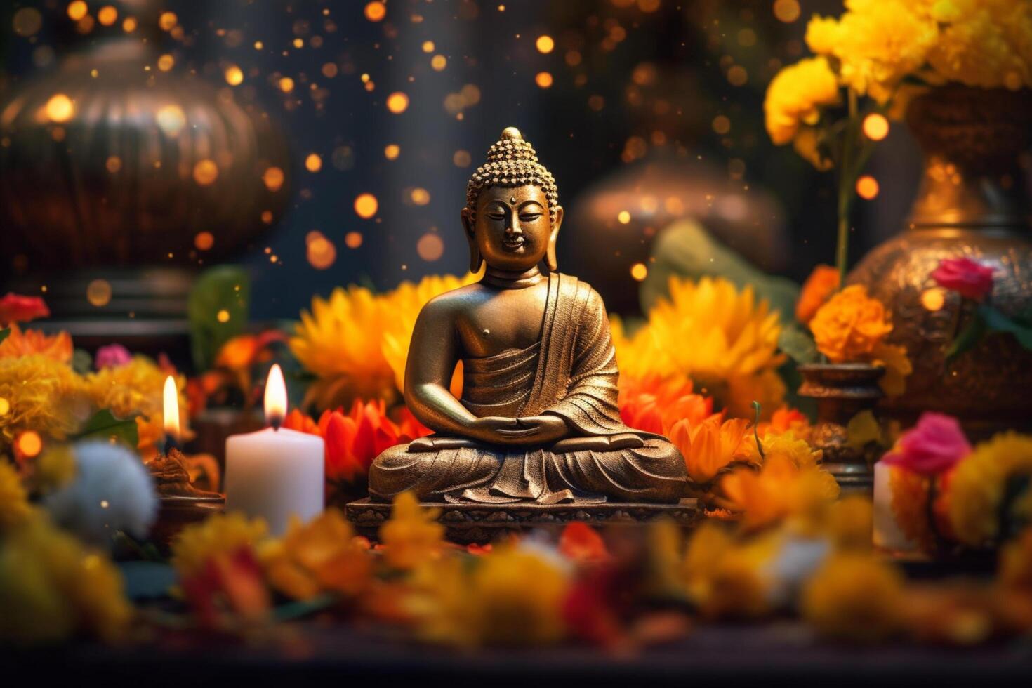 A buddha sits in a garden with a lotus and candles. Background for vesak festival celebration. Vesak day concept. Vesak celebration day greetings by photo