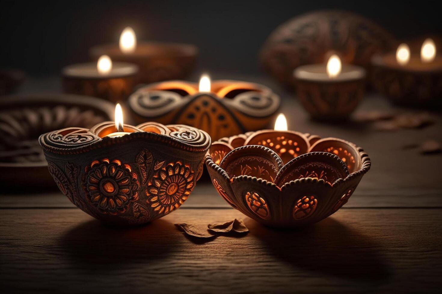 Happy diwali or deepavali traditional indian festival with clay diya oil lamp. Indian hindu festival of light symbol with candle and light. Clay diya lamp lit during diwali celebration by photo
