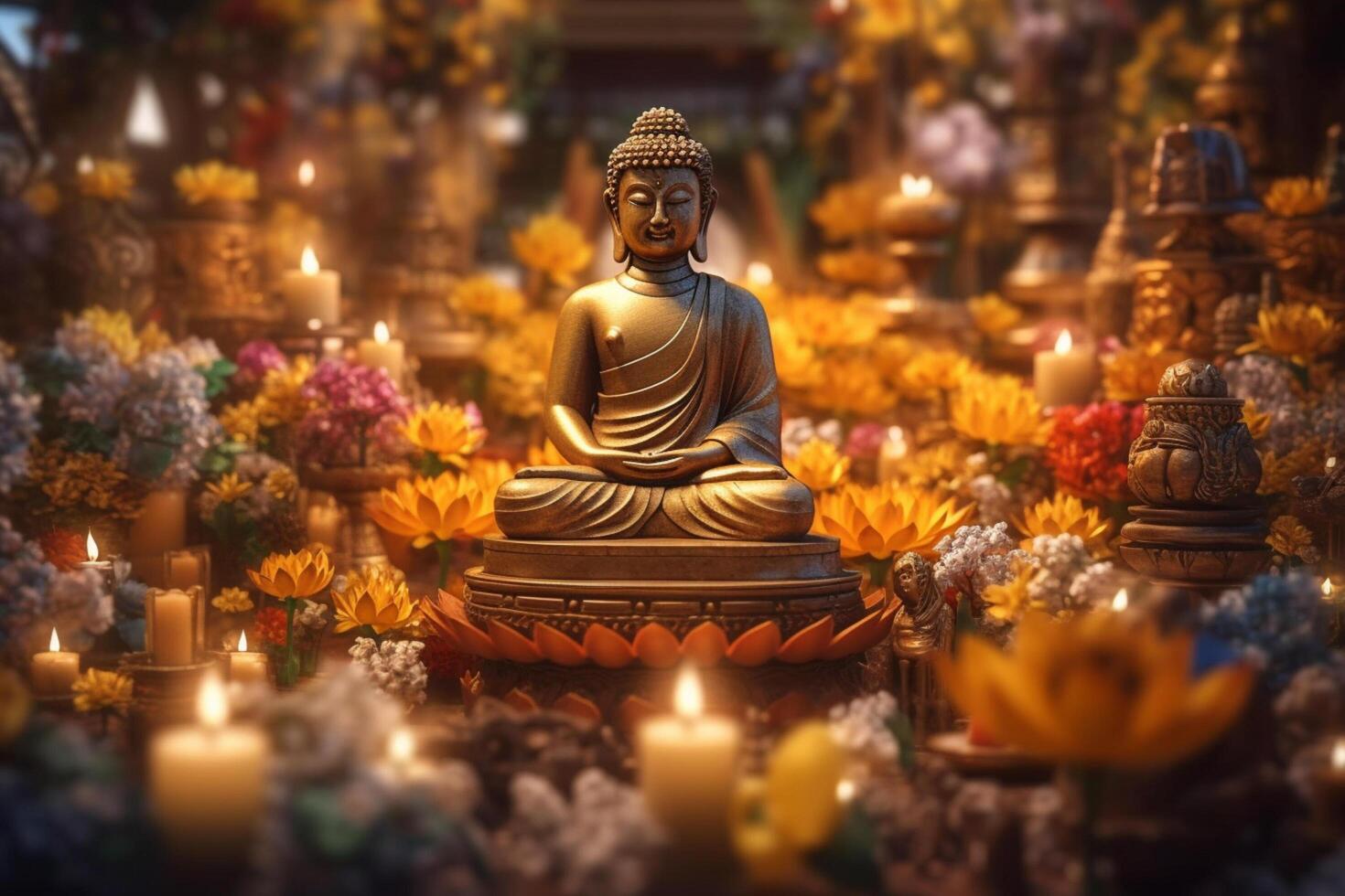 A buddha sits in a garden with a lotus and candles. Background for vesak festival celebration. Vesak day concept. Vesak celebration day greetings by photo