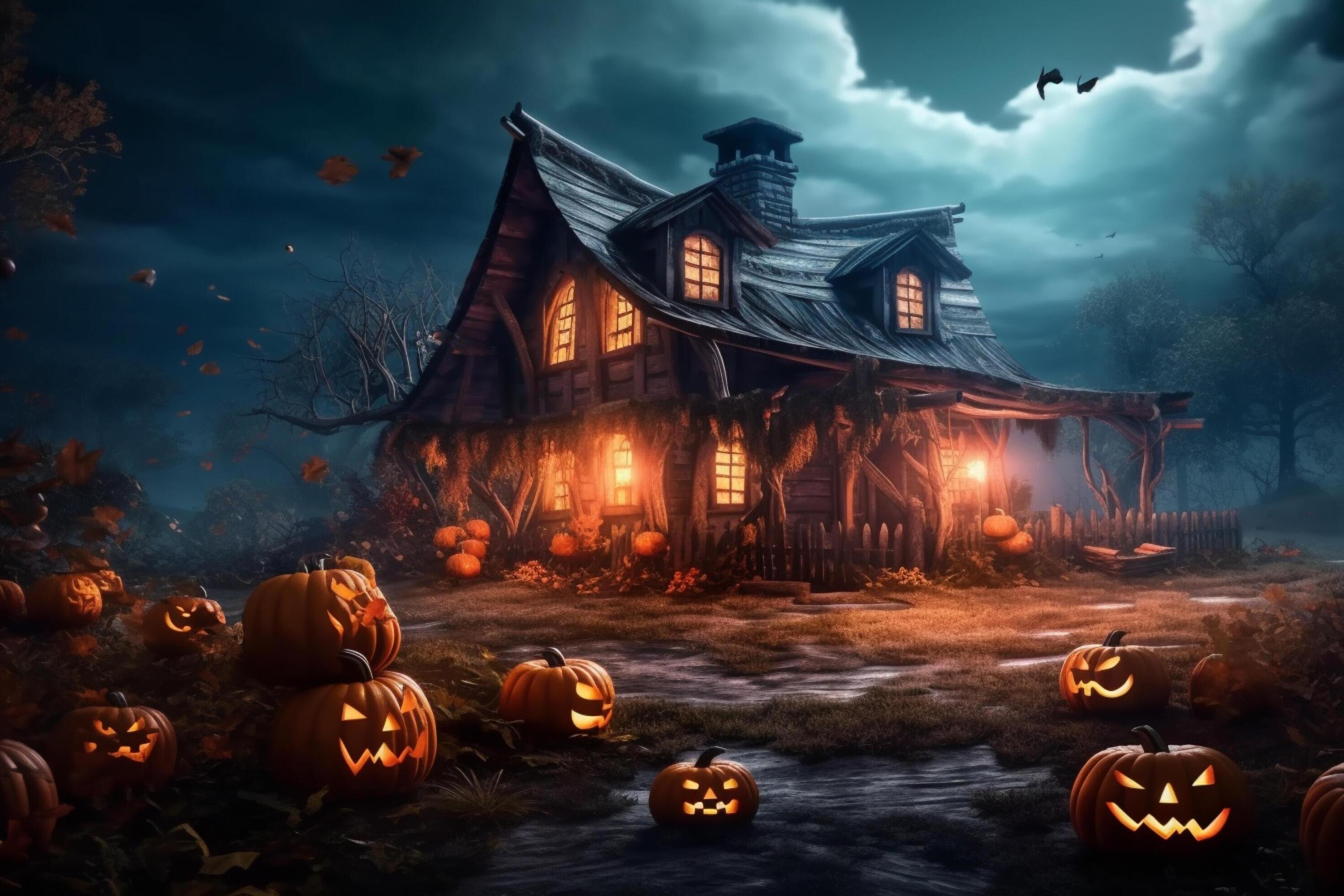 Scary pumpkin and house in night of full moon on halloween celebration ...