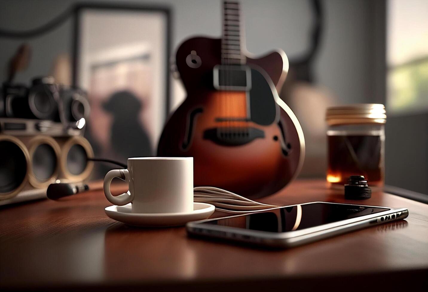 Photo music objects with guitar, gadget and coffee on the table in classic style. Beautiful electric guitar on with headphones and desktop musical creativity concept. World music day by