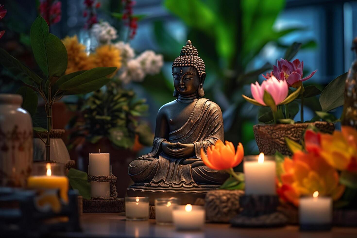 A buddha sits in a garden with a lotus and candles. Background for vesak festival celebration. Vesak day concept. Vesak celebration day greetings by photo