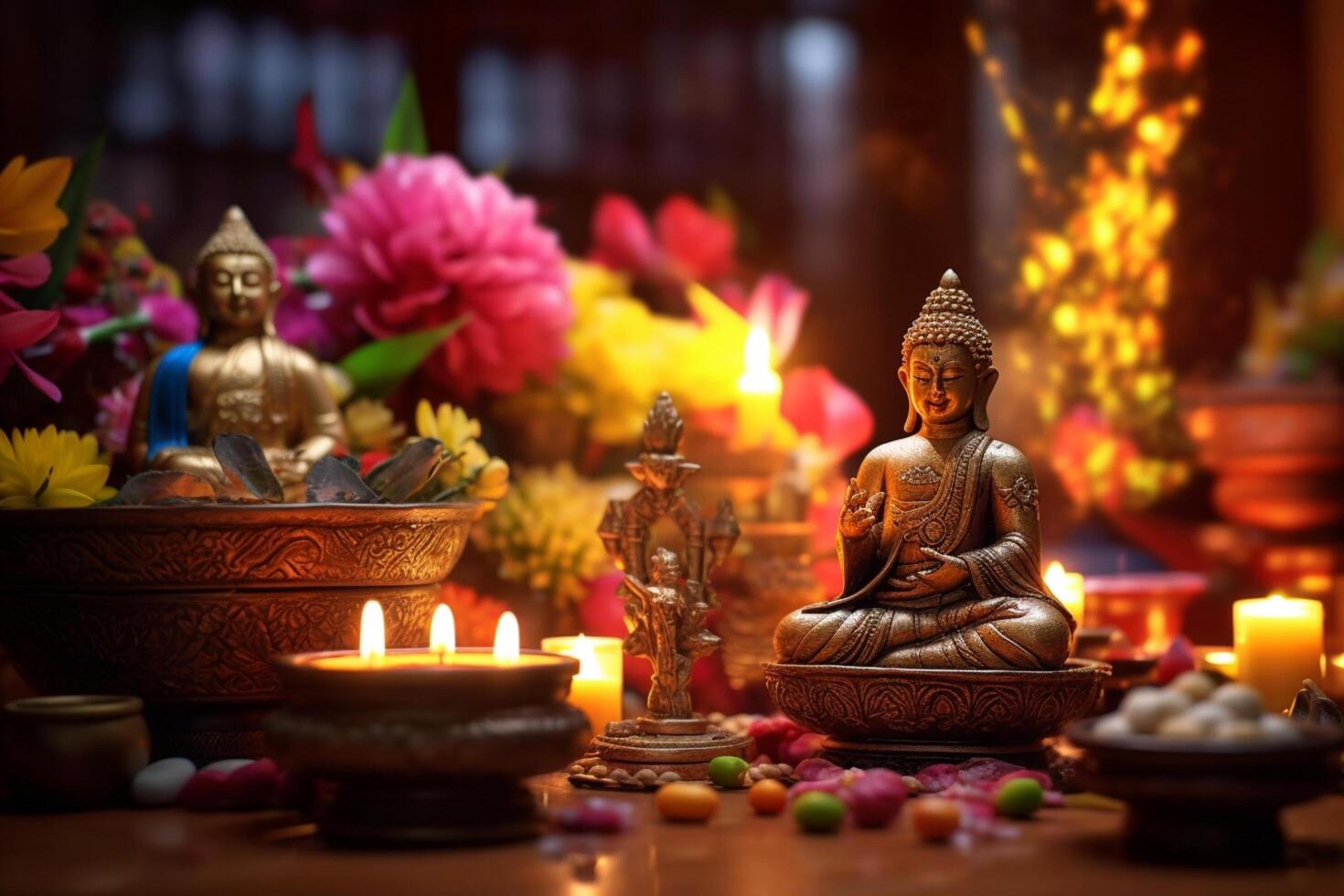 A buddha sits in a garden with a lotus and candles. Background for vesak festival celebration. Vesak day concept. Vesak celebration day greetings by photo