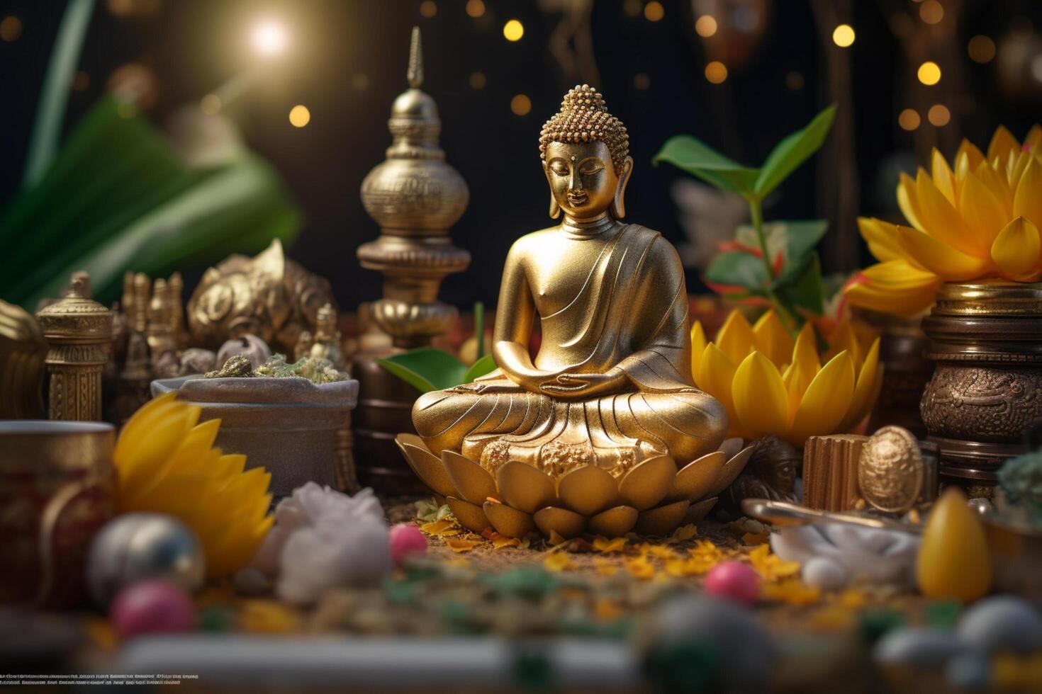 A buddha sits in a garden with a lotus and candles. Background for vesak festival celebration. Vesak day concept. Vesak celebration day greetings by photo
