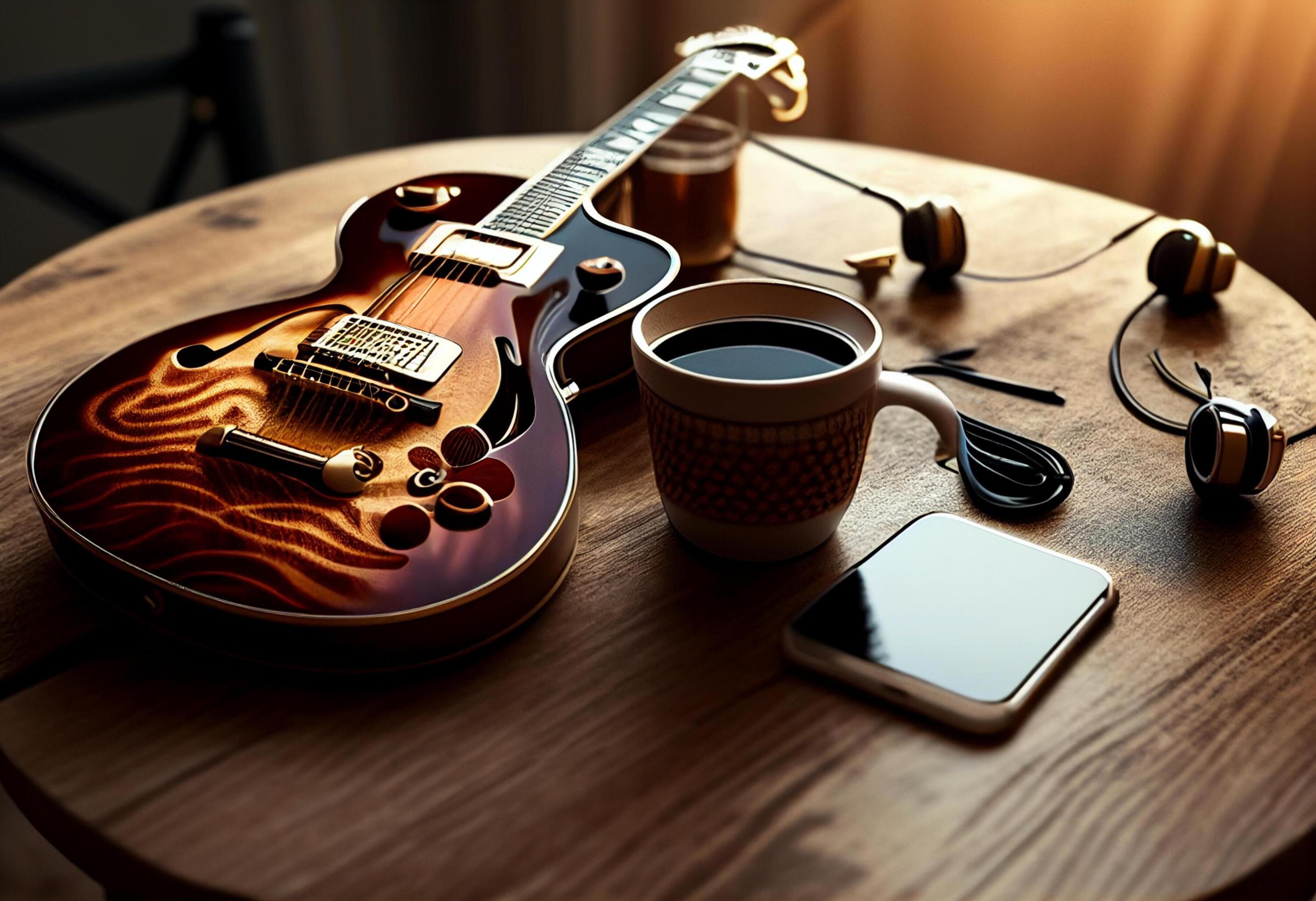 Photo music objects with guitar, gadget and coffee on the table in classic  style. Beautiful electric guitar on with headphones and desktop musical  creativity concept. World music day by AI Generated 24057201