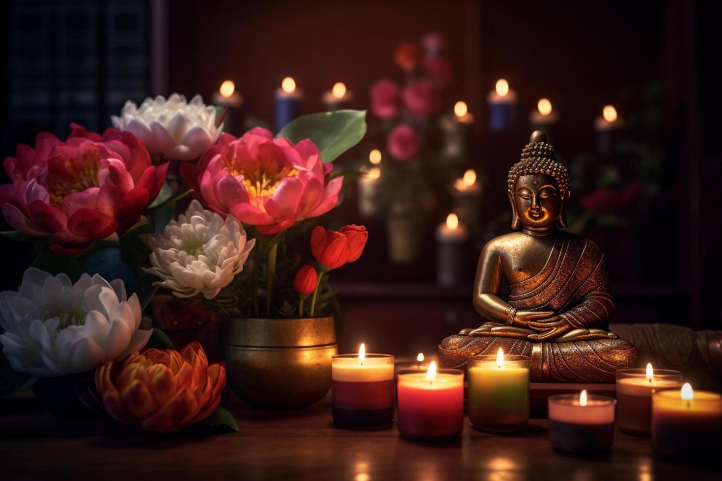 A buddha sits in a garden with a lotus and candles. Background for vesak festival celebration. Vesak day concept. Vesak celebration day greetings by photo