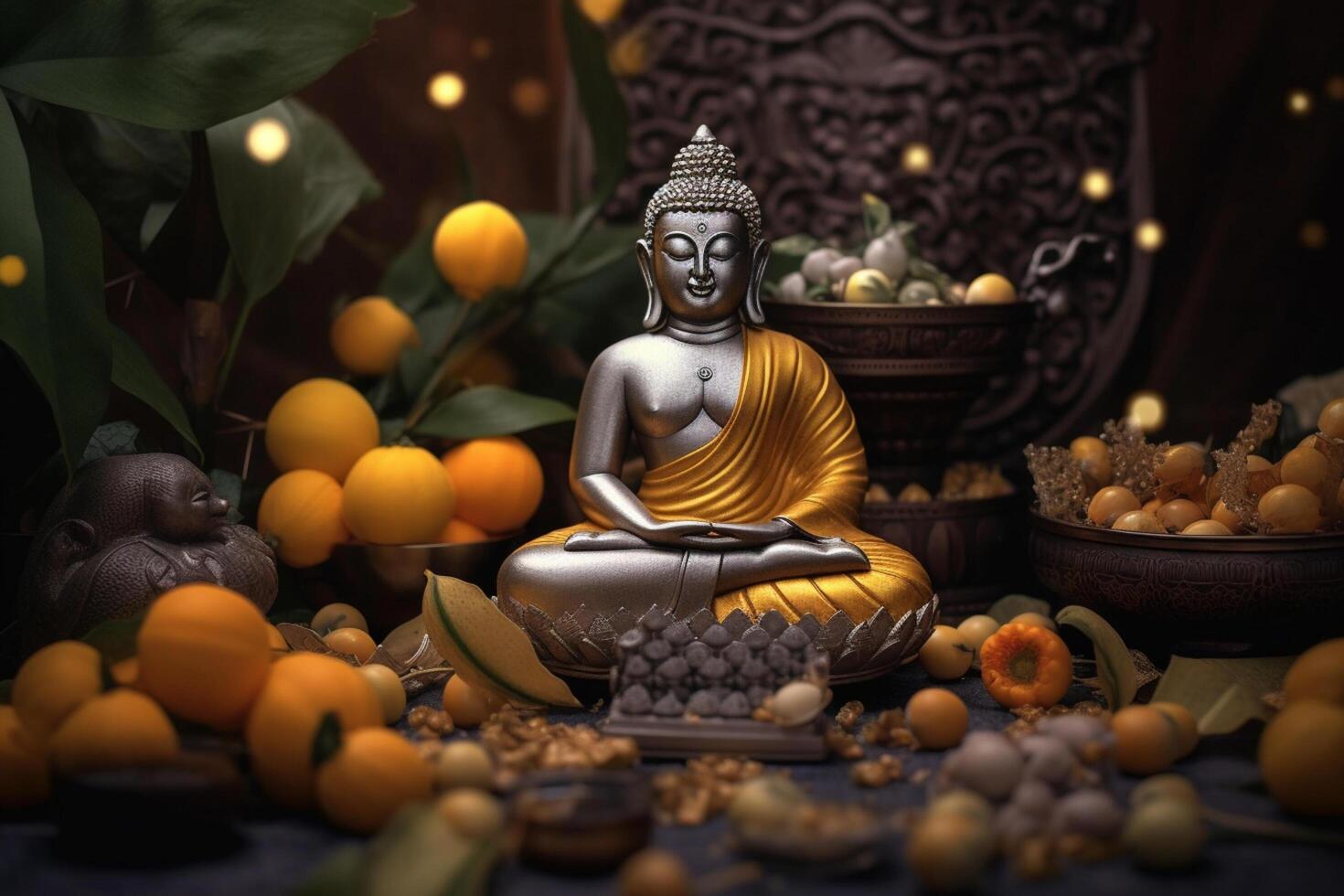 A buddha sits in a garden with a lotus and candles. Background for vesak festival celebration. Vesak day concept. Vesak celebration day greetings by photo