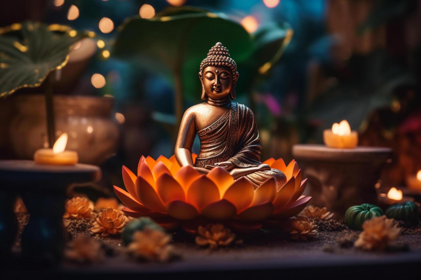 A buddha sits in a garden with a lotus and candles. Background for vesak festival celebration. Vesak day concept. Vesak celebration day greetings by photo