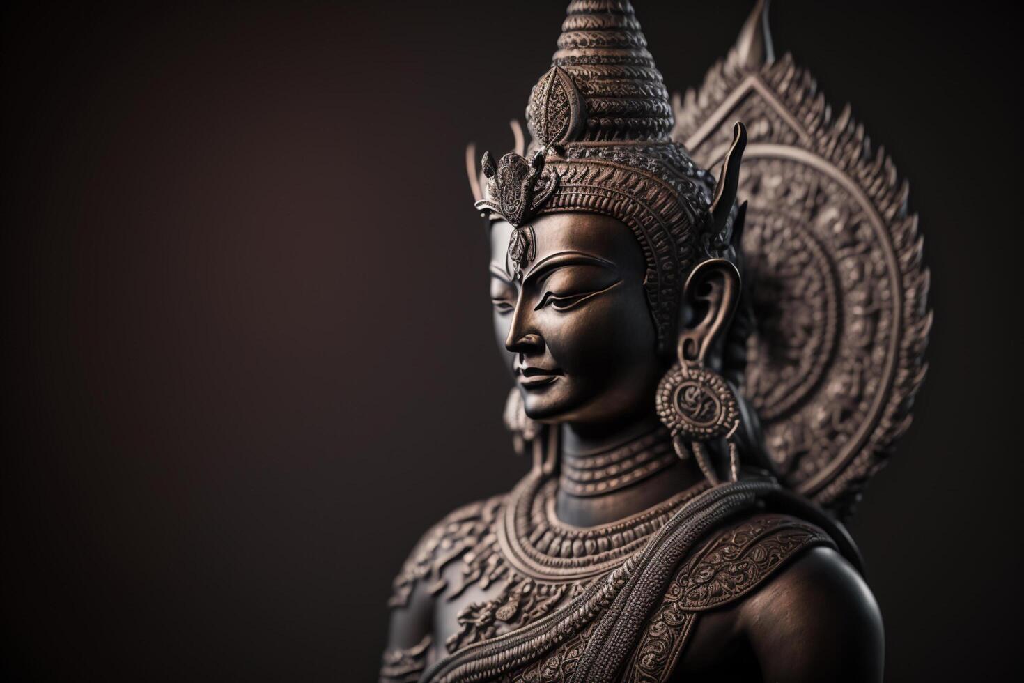 A thai buddha statue sits and meditating at buddhist temple. Ancient thailand buddha face. Background for vesak festival celebration. Vesak day concept. Vesak celebration day greetings by photo