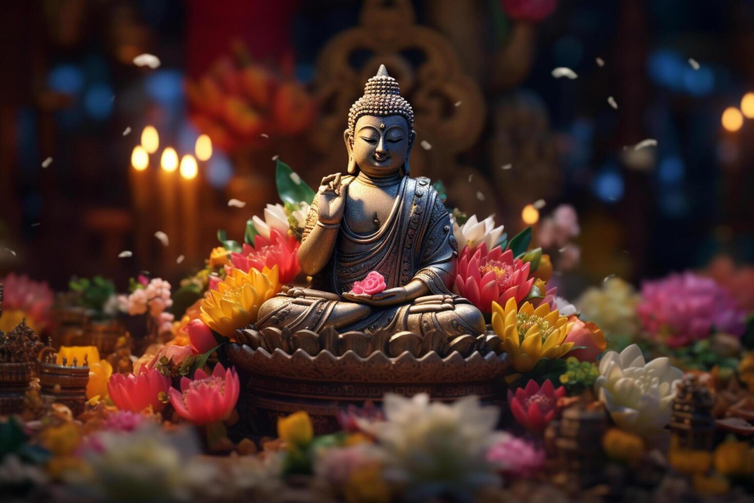 A buddha sits in a garden with a lotus and candles. Background for vesak festival celebration. Vesak day concept. Vesak celebration day greetings by photo