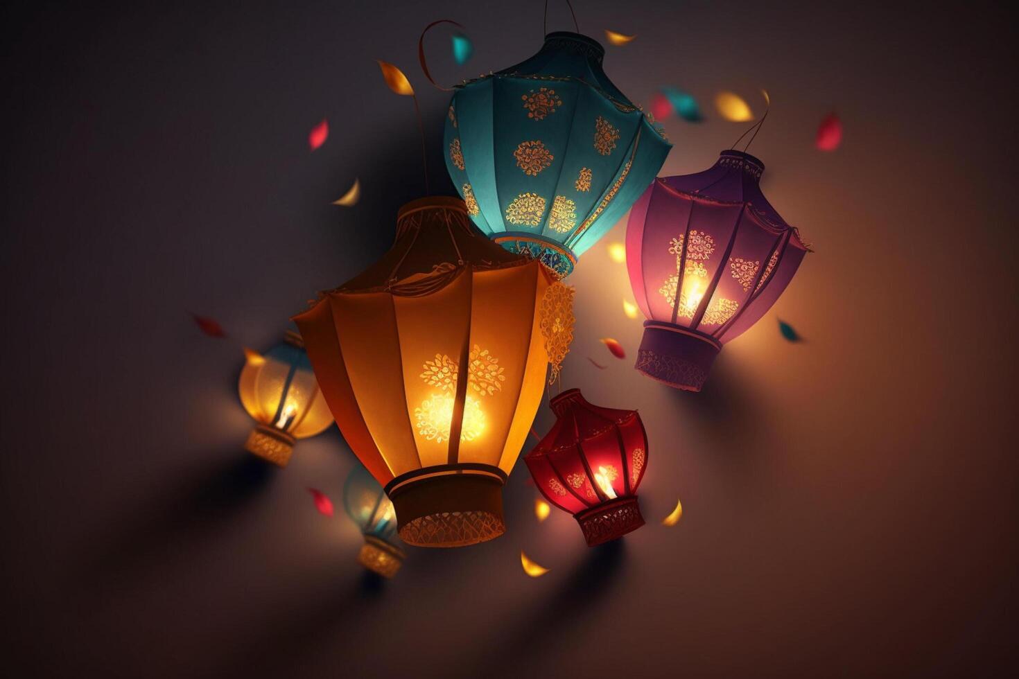 Happy diwali or deepavali traditional indian festival with lamp or sky lantern. Indian hindu festival of light with lamp or light. Night sky floating lanterns during diwali celebration by photo