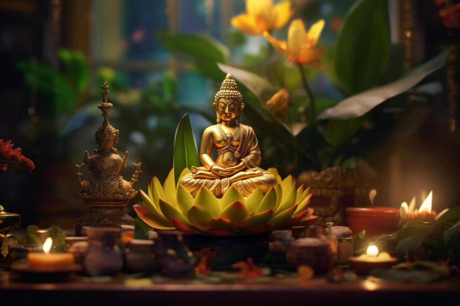A buddha sits in a garden with a lotus and candles. Background for vesak festival celebration. Vesak day concept. Vesak celebration day greetings by photo