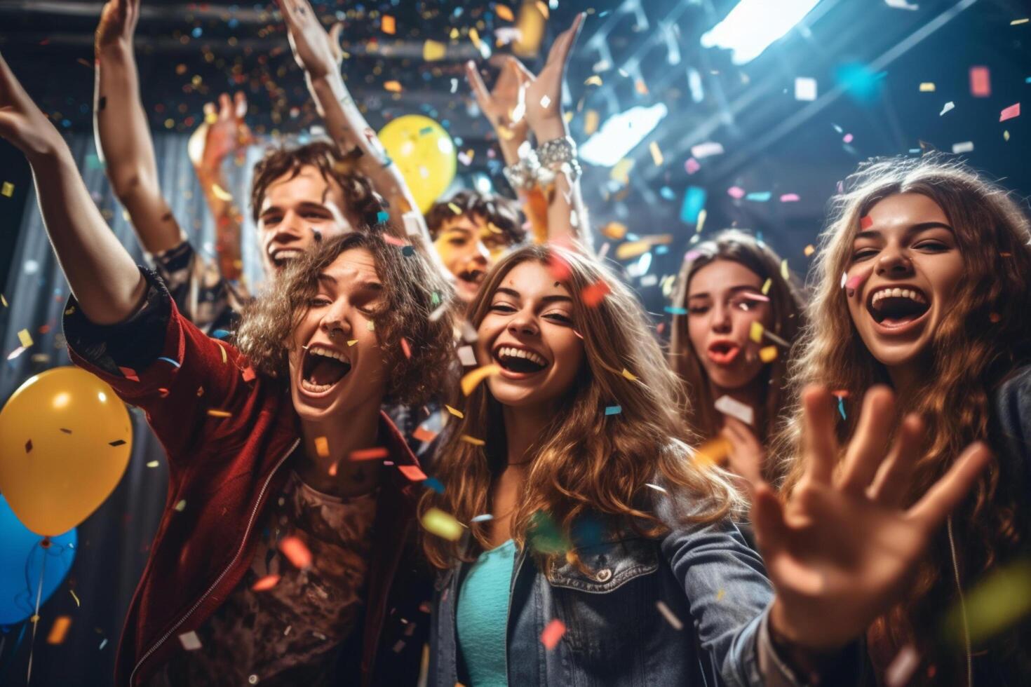 adolescentes amigos en disfraces celebrando y teniendo divertido a Víspera de Todos los Santos fiesta. joven personas a disfraces fiesta Víspera de Todos los Santos celebracion concepto por ai generado foto