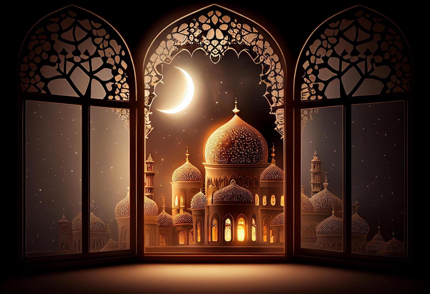 A windows depicts an islamic mosque at night with moon and lentern. In style of islamic city. Arched doorways. Eid al fitr background of window. Ramadan islamic lantern on a table by photo