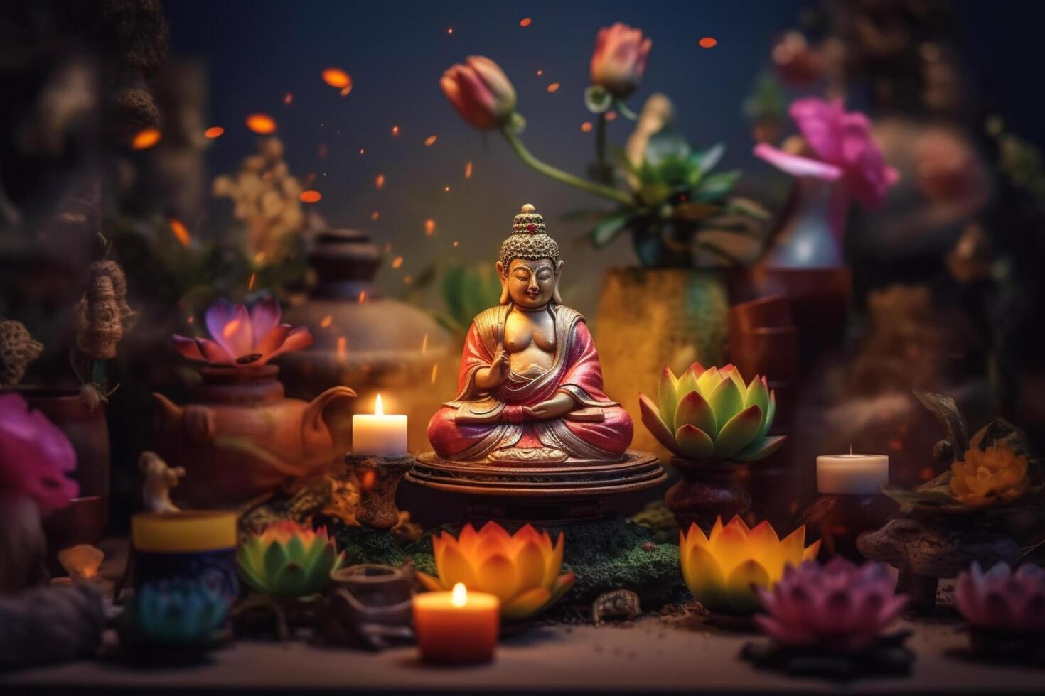 A buddha sits in a garden with a lotus and candles. Background for vesak festival celebration. Vesak day concept. Vesak celebration day greetings by photo