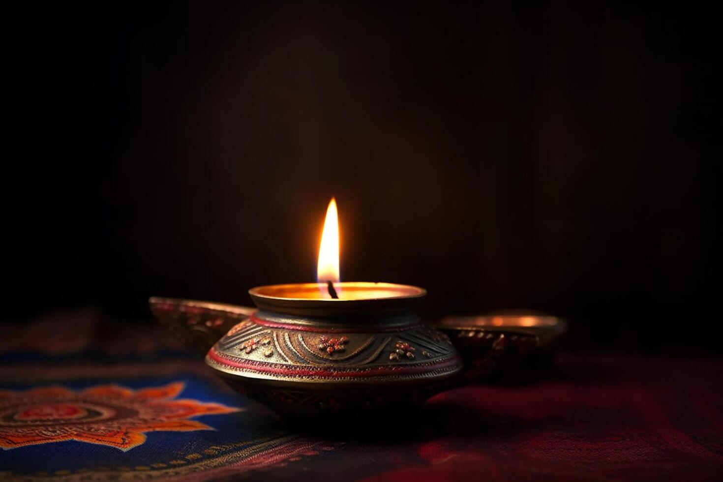 Happy diwali or deepavali traditional indian festival with clay diya oil lamp. Indian hindu festival of light symbol with candle and light. Clay diya lamp lit during diwali celebration by photo