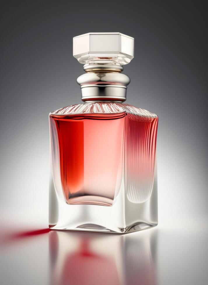 A high class bottle of glass perfume with light red liquid. Aromatic perfume bottles on white background. Beauty product, cosmetic, perfume day, fragrance day or perfume launch event by photo